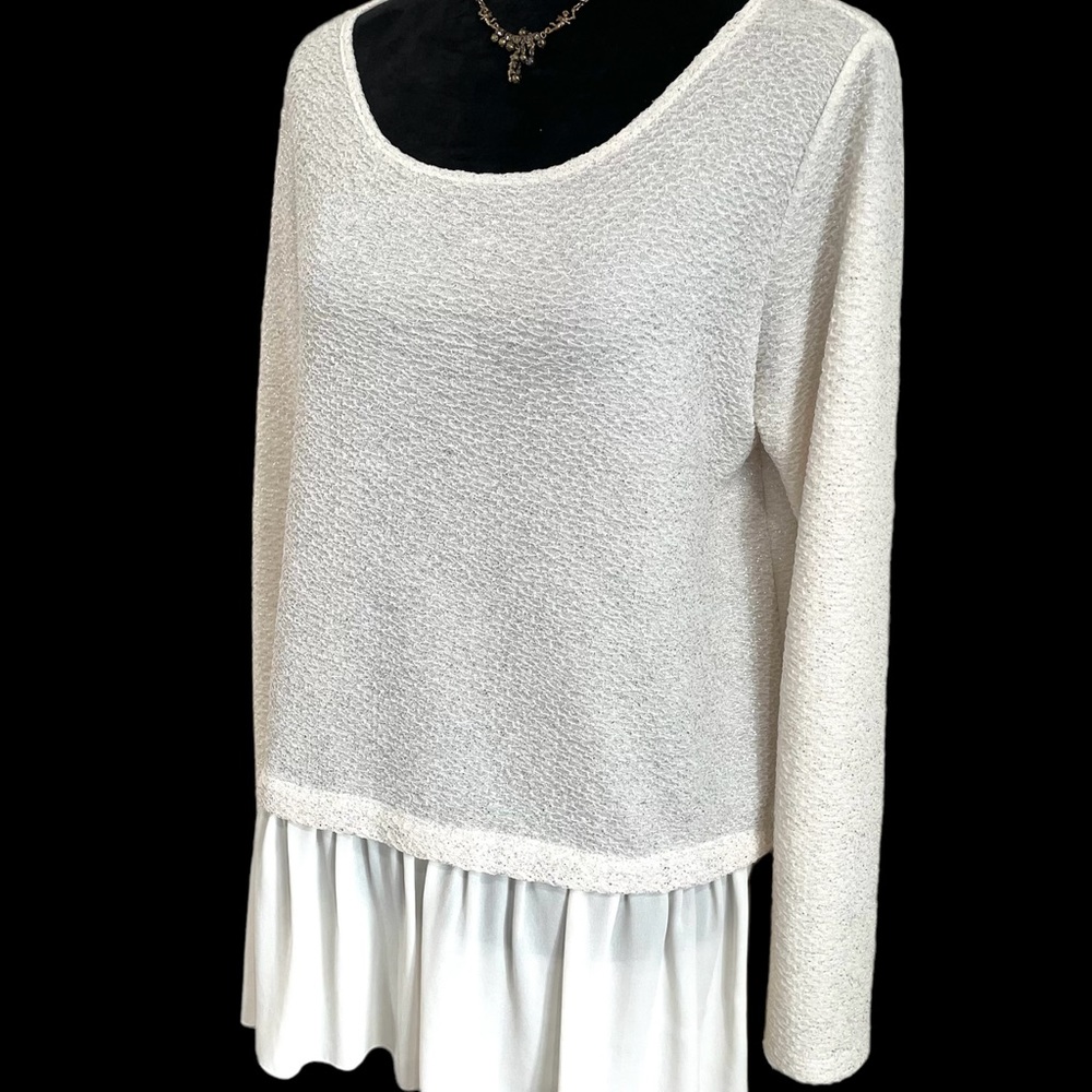 Karen Kane Long Sleeve Cream Top With Metallic Threading & Chiffon Peplum